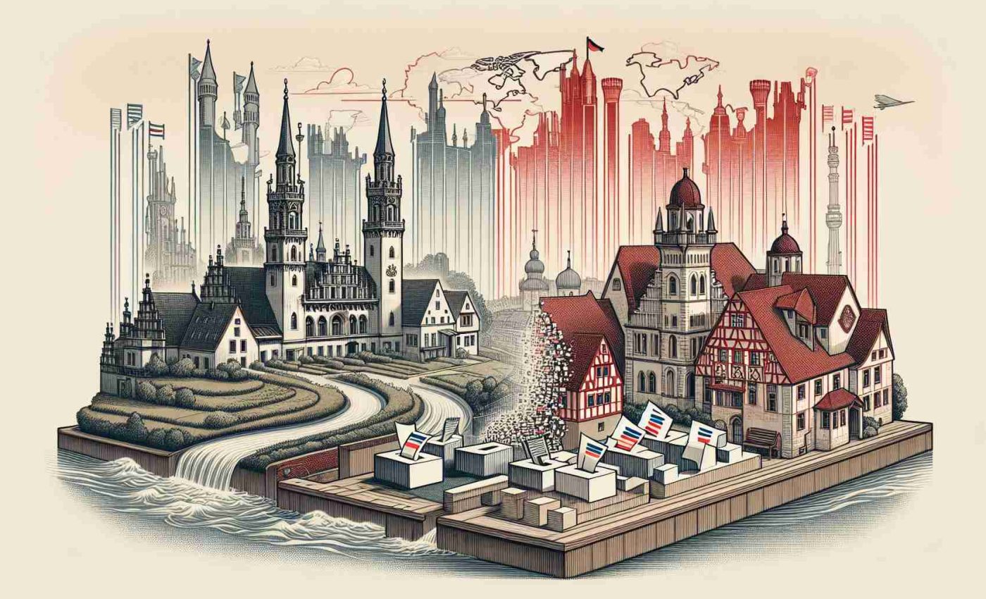 An illustrative image demonstrating a shift in political landscape in the region of Brandenburg. Depict a detailed view of a traditional physical landscape of Brandenburg transitioning into a dynamic and modern cityscape, symbolizing the shift. Use symbols like towers and building blueprints transforming into real structures for modernization, and ballot boxes and maps, to symbolize politics. Please omit any specific real-world political figures or symbols.