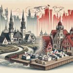 An illustrative image demonstrating a shift in political landscape in the region of Brandenburg. Depict a detailed view of a traditional physical landscape of Brandenburg transitioning into a dynamic and modern cityscape, symbolizing the shift. Use symbols like towers and building blueprints transforming into real structures for modernization, and ballot boxes and maps, to symbolize politics. Please omit any specific real-world political figures or symbols.