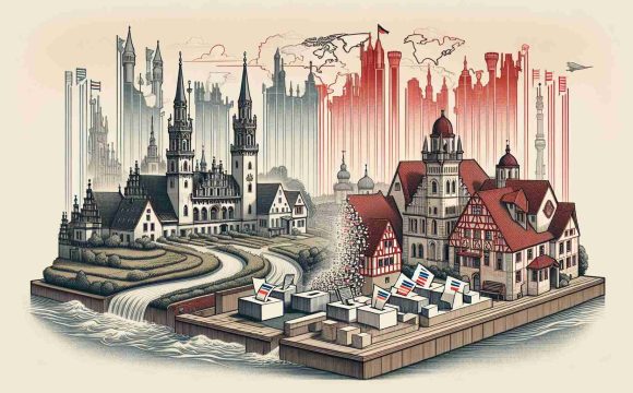 An illustrative image demonstrating a shift in political landscape in the region of Brandenburg. Depict a detailed view of a traditional physical landscape of Brandenburg transitioning into a dynamic and modern cityscape, symbolizing the shift. Use symbols like towers and building blueprints transforming into real structures for modernization, and ballot boxes and maps, to symbolize politics. Please omit any specific real-world political figures or symbols.