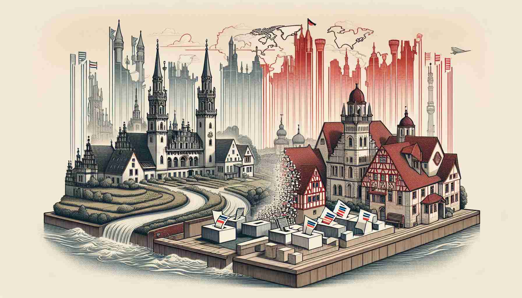 An illustrative image demonstrating a shift in political landscape in the region of Brandenburg. Depict a detailed view of a traditional physical landscape of Brandenburg transitioning into a dynamic and modern cityscape, symbolizing the shift. Use symbols like towers and building blueprints transforming into real structures for modernization, and ballot boxes and maps, to symbolize politics. Please omit any specific real-world political figures or symbols.