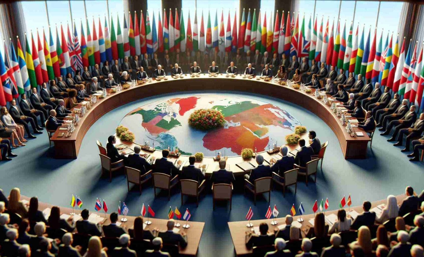 High-definition, realistic, and detailed depiction of a peaceful gathering, where representatives from multiple nations, denoted by diverse flags behind them, are sitting around a round table to signify international diplomacy. The atmosphere is tense, yet hopeful, demonstrating their collective desire to initiate peace talks. Note: this is a metaphorical representation. No specific institutions, organizations or persons should be represented.