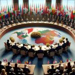 High-definition, realistic, and detailed depiction of a peaceful gathering, where representatives from multiple nations, denoted by diverse flags behind them, are sitting around a round table to signify international diplomacy. The atmosphere is tense, yet hopeful, demonstrating their collective desire to initiate peace talks. Note: this is a metaphorical representation. No specific institutions, organizations or persons should be represented.