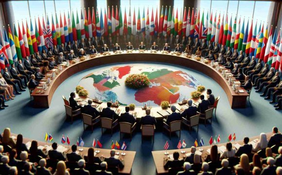 High-definition, realistic, and detailed depiction of a peaceful gathering, where representatives from multiple nations, denoted by diverse flags behind them, are sitting around a round table to signify international diplomacy. The atmosphere is tense, yet hopeful, demonstrating their collective desire to initiate peace talks. Note: this is a metaphorical representation. No specific institutions, organizations or persons should be represented.