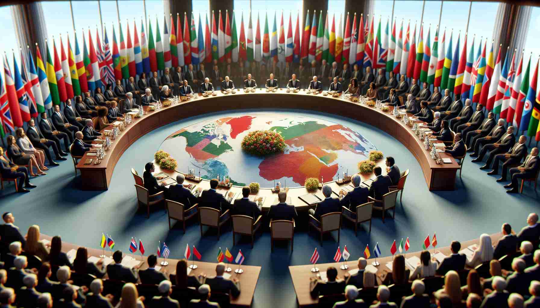 High-definition, realistic, and detailed depiction of a peaceful gathering, where representatives from multiple nations, denoted by diverse flags behind them, are sitting around a round table to signify international diplomacy. The atmosphere is tense, yet hopeful, demonstrating their collective desire to initiate peace talks. Note: this is a metaphorical representation. No specific institutions, organizations or persons should be represented.