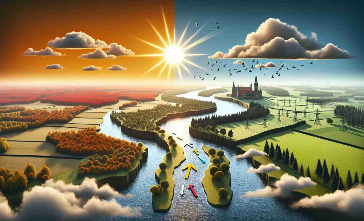 HD photo of a newly shifting political scenery depicted as a landscape in Brandenburg after some nondescript elections. The landscape includes symbolic elements like a rising sun to showcase new beginnings, a river course that has changed its path, representing change in power or political affiliations, and mixed weather to indicate the uncertainties of the future.