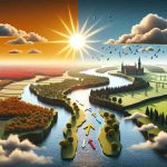 HD photo of a newly shifting political scenery depicted as a landscape in Brandenburg after some nondescript elections. The landscape includes symbolic elements like a rising sun to showcase new beginnings, a river course that has changed its path, representing change in power or political affiliations, and mixed weather to indicate the uncertainties of the future.