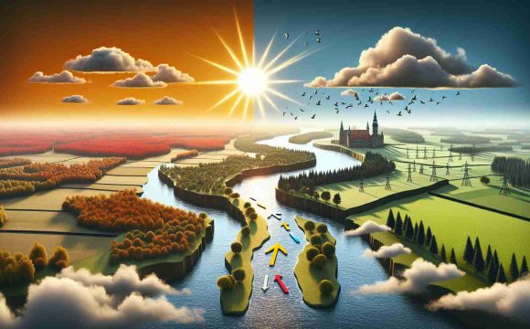 HD photo of a newly shifting political scenery depicted as a landscape in Brandenburg after some nondescript elections. The landscape includes symbolic elements like a rising sun to showcase new beginnings, a river course that has changed its path, representing change in power or political affiliations, and mixed weather to indicate the uncertainties of the future.