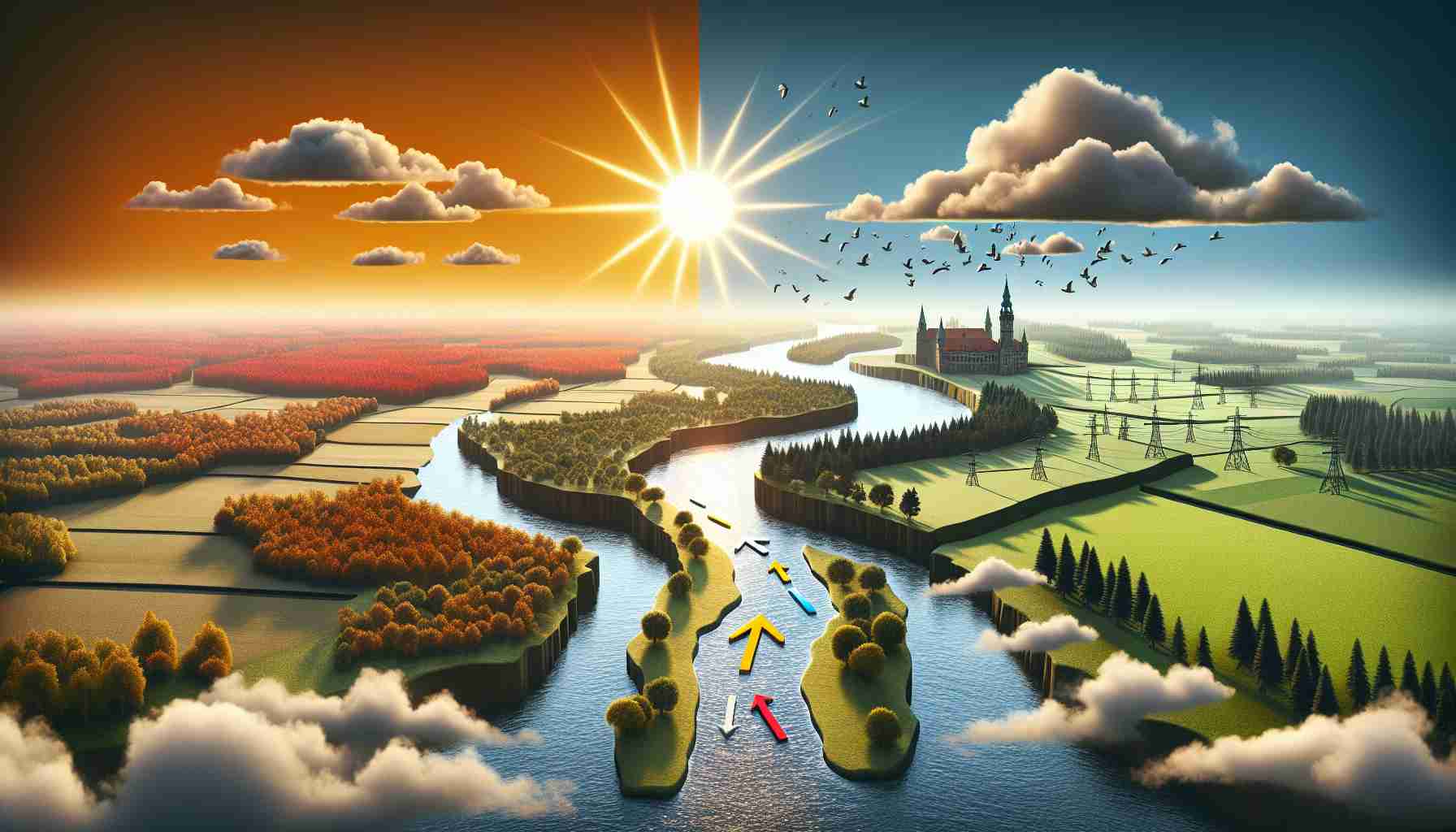 HD photo of a newly shifting political scenery depicted as a landscape in Brandenburg after some nondescript elections. The landscape includes symbolic elements like a rising sun to showcase new beginnings, a river course that has changed its path, representing change in power or political affiliations, and mixed weather to indicate the uncertainties of the future.