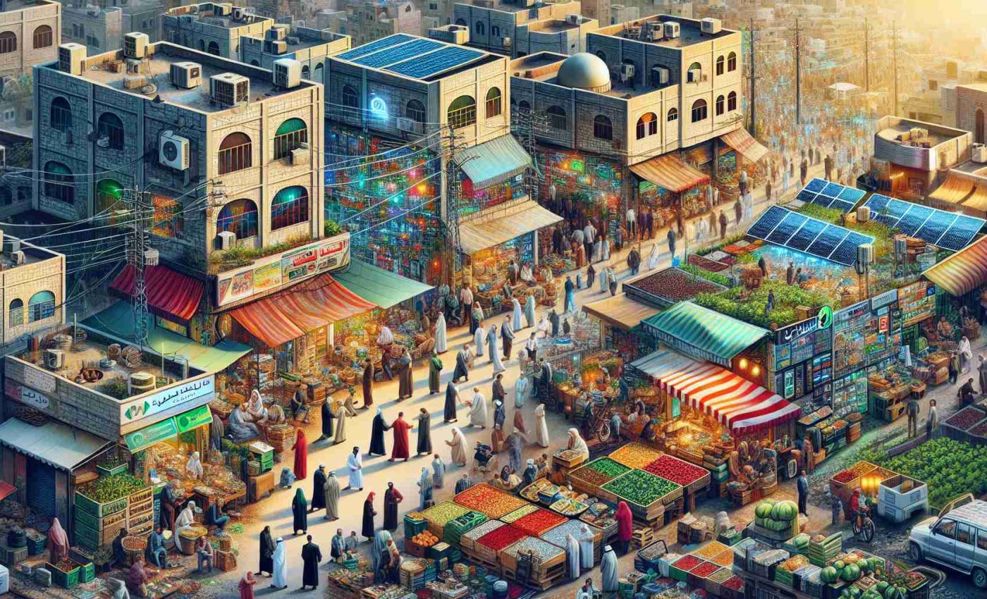 A highly detailed and realistic depiction of economic recovery in Gaza. This image should feature a bustling marketplace filled with diverse people exchanging goods and services, with emphasis on innovative solutions like solar-powered devices, agricultural technologies, and online payment platforms. Show a mix of old and modern architecture, and an atmosphere of hope and resilience. People are of Arab descent, with both men and women actively participating in the economic activities. Use vivid colors to portray a bustling and vibrant scene.