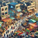 A highly detailed and realistic depiction of economic recovery in Gaza. This image should feature a bustling marketplace filled with diverse people exchanging goods and services, with emphasis on innovative solutions like solar-powered devices, agricultural technologies, and online payment platforms. Show a mix of old and modern architecture, and an atmosphere of hope and resilience. People are of Arab descent, with both men and women actively participating in the economic activities. Use vivid colors to portray a bustling and vibrant scene.