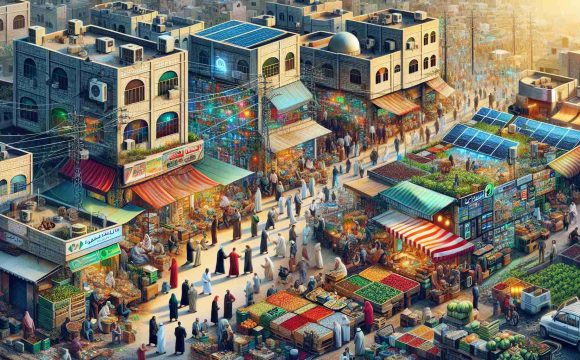 A highly detailed and realistic depiction of economic recovery in Gaza. This image should feature a bustling marketplace filled with diverse people exchanging goods and services, with emphasis on innovative solutions like solar-powered devices, agricultural technologies, and online payment platforms. Show a mix of old and modern architecture, and an atmosphere of hope and resilience. People are of Arab descent, with both men and women actively participating in the economic activities. Use vivid colors to portray a bustling and vibrant scene.