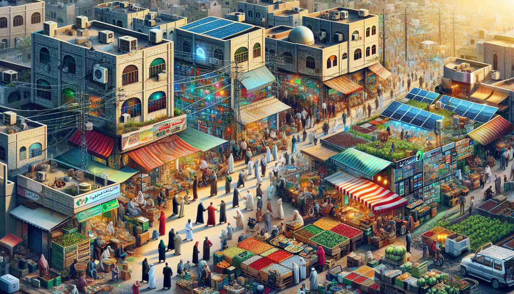 A highly detailed and realistic depiction of economic recovery in Gaza. This image should feature a bustling marketplace filled with diverse people exchanging goods and services, with emphasis on innovative solutions like solar-powered devices, agricultural technologies, and online payment platforms. Show a mix of old and modern architecture, and an atmosphere of hope and resilience. People are of Arab descent, with both men and women actively participating in the economic activities. Use vivid colors to portray a bustling and vibrant scene.