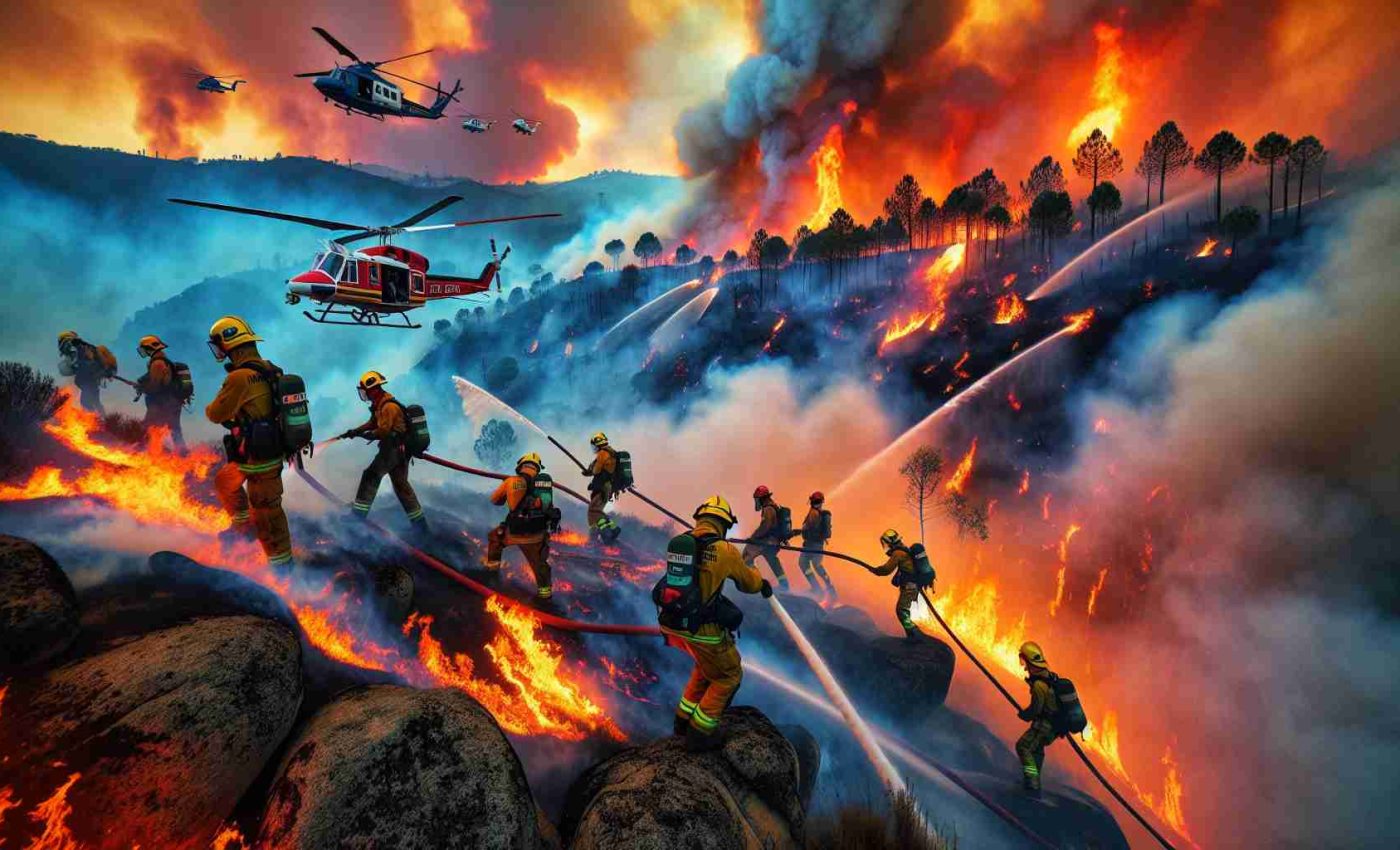 Create an ultra-high-definition image capturing the intensified activities to combat wildfires in Portugal. The scene should be filled with vibrant and chaotic colors of the raging fire contrasting the cool hues of the sky. It should depict firefighters of diverse descents and genders, in full gear, tirelessly working against the blaze with their hoses, fire extinguishers, and other fire combat equipment. Meanwhile, few helicopters are also seen hovering above, ready to drop water on the fire. The backdrop should illustrate the unique landscape of Portugal, with its hilly terrains and native vegetation partially consumed by the wildfire.