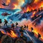 Create an ultra-high-definition image capturing the intensified activities to combat wildfires in Portugal. The scene should be filled with vibrant and chaotic colors of the raging fire contrasting the cool hues of the sky. It should depict firefighters of diverse descents and genders, in full gear, tirelessly working against the blaze with their hoses, fire extinguishers, and other fire combat equipment. Meanwhile, few helicopters are also seen hovering above, ready to drop water on the fire. The backdrop should illustrate the unique landscape of Portugal, with its hilly terrains and native vegetation partially consumed by the wildfire.