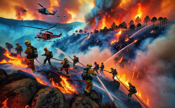 Create an ultra-high-definition image capturing the intensified activities to combat wildfires in Portugal. The scene should be filled with vibrant and chaotic colors of the raging fire contrasting the cool hues of the sky. It should depict firefighters of diverse descents and genders, in full gear, tirelessly working against the blaze with their hoses, fire extinguishers, and other fire combat equipment. Meanwhile, few helicopters are also seen hovering above, ready to drop water on the fire. The backdrop should illustrate the unique landscape of Portugal, with its hilly terrains and native vegetation partially consumed by the wildfire.