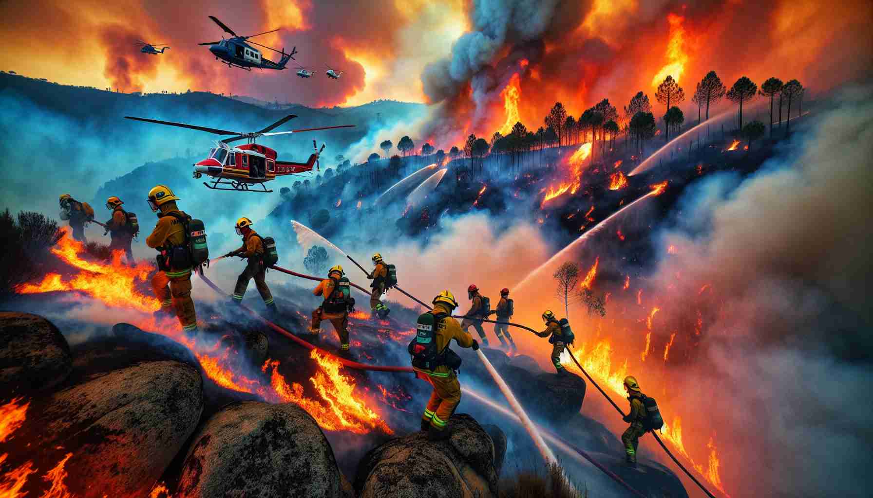 Create an ultra-high-definition image capturing the intensified activities to combat wildfires in Portugal. The scene should be filled with vibrant and chaotic colors of the raging fire contrasting the cool hues of the sky. It should depict firefighters of diverse descents and genders, in full gear, tirelessly working against the blaze with their hoses, fire extinguishers, and other fire combat equipment. Meanwhile, few helicopters are also seen hovering above, ready to drop water on the fire. The backdrop should illustrate the unique landscape of Portugal, with its hilly terrains and native vegetation partially consumed by the wildfire.