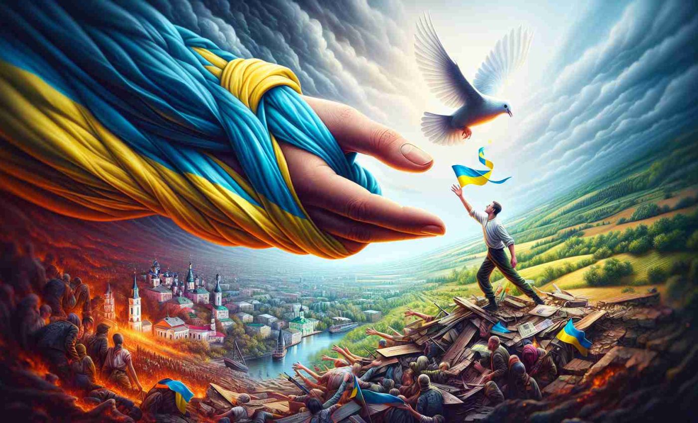 A realistically detailed, high-definition picture showcasing a symbolic representation of Ukraine seeking assistance to overcome ongoing adversities. The image could depict a figure wrapped in the colors of the Ukrainian flag, reaching out towards a symbol of support, perhaps a ribbon, a helping hand, or a dove. The background might show diverse scenery, a mixture of cityscape and countryside, to represent the different regions of the country. The atmosphere of the image should evoke a sense of resilience, hope, and unity amidst difficulty.