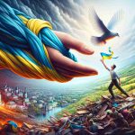 A realistically detailed, high-definition picture showcasing a symbolic representation of Ukraine seeking assistance to overcome ongoing adversities. The image could depict a figure wrapped in the colors of the Ukrainian flag, reaching out towards a symbol of support, perhaps a ribbon, a helping hand, or a dove. The background might show diverse scenery, a mixture of cityscape and countryside, to represent the different regions of the country. The atmosphere of the image should evoke a sense of resilience, hope, and unity amidst difficulty.