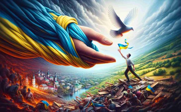 A realistically detailed, high-definition picture showcasing a symbolic representation of Ukraine seeking assistance to overcome ongoing adversities. The image could depict a figure wrapped in the colors of the Ukrainian flag, reaching out towards a symbol of support, perhaps a ribbon, a helping hand, or a dove. The background might show diverse scenery, a mixture of cityscape and countryside, to represent the different regions of the country. The atmosphere of the image should evoke a sense of resilience, hope, and unity amidst difficulty.