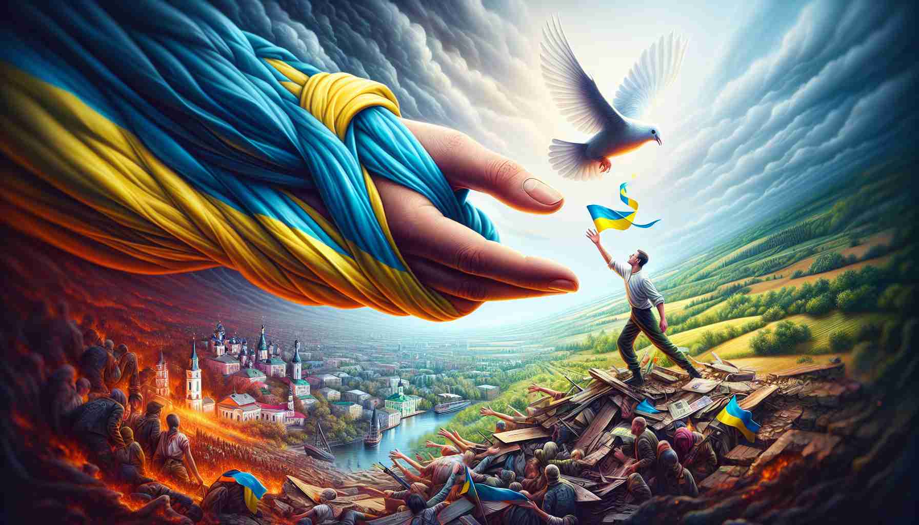 A realistically detailed, high-definition picture showcasing a symbolic representation of Ukraine seeking assistance to overcome ongoing adversities. The image could depict a figure wrapped in the colors of the Ukrainian flag, reaching out towards a symbol of support, perhaps a ribbon, a helping hand, or a dove. The background might show diverse scenery, a mixture of cityscape and countryside, to represent the different regions of the country. The atmosphere of the image should evoke a sense of resilience, hope, and unity amidst difficulty.