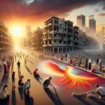 High-definition, realistic representation of a symbolic scene in Beirut, conveying the theme of hope amidst crisis. Imagine a setting sun casting soft, golden hues over the city's partially damaged buildings, while people from different descents and genders - Caucasian, Black, South Asian, Middle-Eastern - are gathered together, engaged in peaceful protests. In the foreground, a child of Hispanic descent is creating chalk art on the pavement, a vibrant mural of a phoenix rising from ashes, symbolizing rebirth, resilience, and hope for a brighter future.