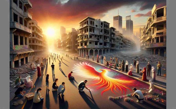 High-definition, realistic representation of a symbolic scene in Beirut, conveying the theme of hope amidst crisis. Imagine a setting sun casting soft, golden hues over the city's partially damaged buildings, while people from different descents and genders - Caucasian, Black, South Asian, Middle-Eastern - are gathered together, engaged in peaceful protests. In the foreground, a child of Hispanic descent is creating chalk art on the pavement, a vibrant mural of a phoenix rising from ashes, symbolizing rebirth, resilience, and hope for a brighter future.