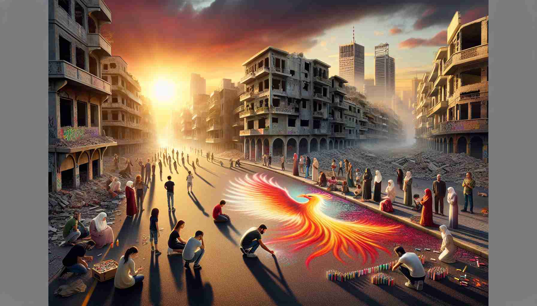 High-definition, realistic representation of a symbolic scene in Beirut, conveying the theme of hope amidst crisis. Imagine a setting sun casting soft, golden hues over the city's partially damaged buildings, while people from different descents and genders - Caucasian, Black, South Asian, Middle-Eastern - are gathered together, engaged in peaceful protests. In the foreground, a child of Hispanic descent is creating chalk art on the pavement, a vibrant mural of a phoenix rising from ashes, symbolizing rebirth, resilience, and hope for a brighter future.