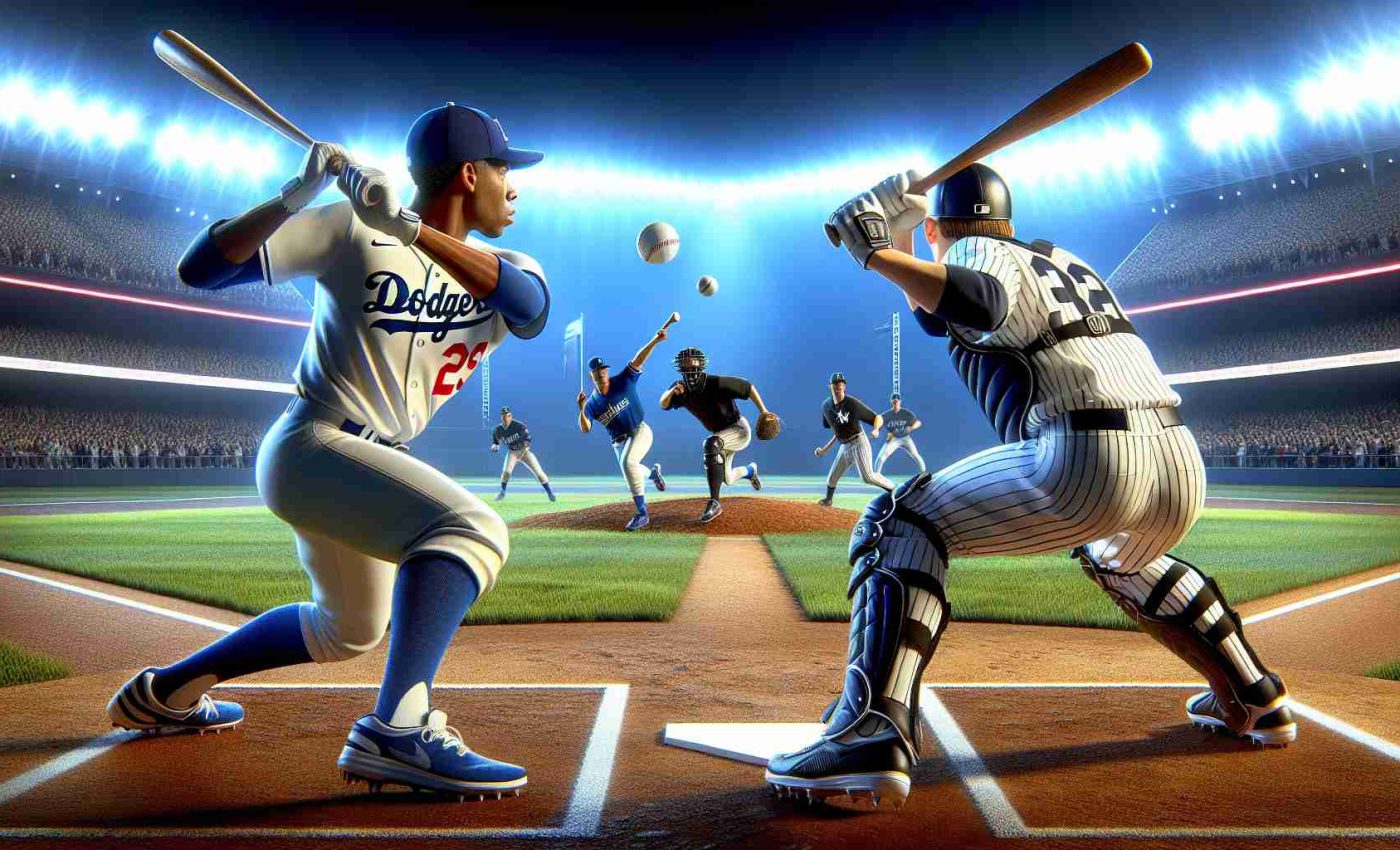 Realistic high-definition illustration of an intense baseball competition. The teams, one wearing uniforms associated with the Dodgers, in white with blue trim, and the other dressed in colors associated with the Yankees, in navy blue with white pinstripes, are clashing on an illuminated baseball diamond. The game is at a critical juncture, the air is filled with tension, and the spectators are on the edge of their seats. The pitcher, a black man from one team, is preparing to launch a fast throw, while the batter, a Hispanic woman from the other team, is focused and ready to swing.