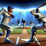 Realistic high-definition illustration of an intense baseball competition. The teams, one wearing uniforms associated with the Dodgers, in white with blue trim, and the other dressed in colors associated with the Yankees, in navy blue with white pinstripes, are clashing on an illuminated baseball diamond. The game is at a critical juncture, the air is filled with tension, and the spectators are on the edge of their seats. The pitcher, a black man from one team, is preparing to launch a fast throw, while the batter, a Hispanic woman from the other team, is focused and ready to swing.