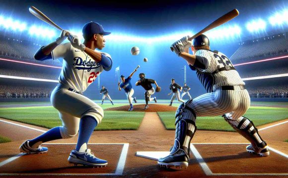 Realistic high-definition illustration of an intense baseball competition. The teams, one wearing uniforms associated with the Dodgers, in white with blue trim, and the other dressed in colors associated with the Yankees, in navy blue with white pinstripes, are clashing on an illuminated baseball diamond. The game is at a critical juncture, the air is filled with tension, and the spectators are on the edge of their seats. The pitcher, a black man from one team, is preparing to launch a fast throw, while the batter, a Hispanic woman from the other team, is focused and ready to swing.