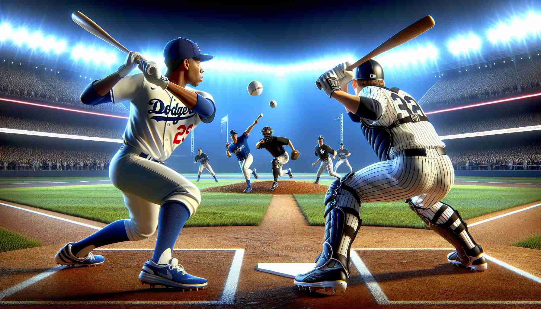 Realistic high-definition illustration of an intense baseball competition. The teams, one wearing uniforms associated with the Dodgers, in white with blue trim, and the other dressed in colors associated with the Yankees, in navy blue with white pinstripes, are clashing on an illuminated baseball diamond. The game is at a critical juncture, the air is filled with tension, and the spectators are on the edge of their seats. The pitcher, a black man from one team, is preparing to launch a fast throw, while the batter, a Hispanic woman from the other team, is focused and ready to swing.