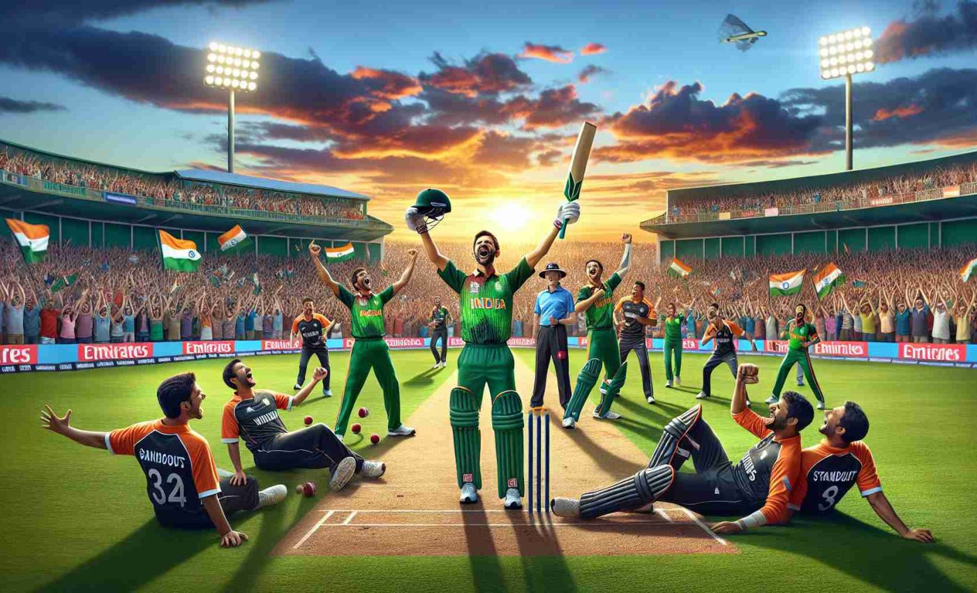 A hyper-realistic, high-definition image showcasing a cricket match scene denoting the triumph of one team over another. The victors, represented by their green and orange uniforms, are filled with joy and are celebrating their success. The other side, in black and white uniforms, appear dejected after their defeat. Standout performances are indicated by three players from the winning side holding cricket balls and bats, symbolizing their exceptional performances, while glorious sunset paints the sky in the backdrop. The stadium is packed with a diverse crowd of fans, where men, women and children of various ethnicity and ages can be seen cheering.