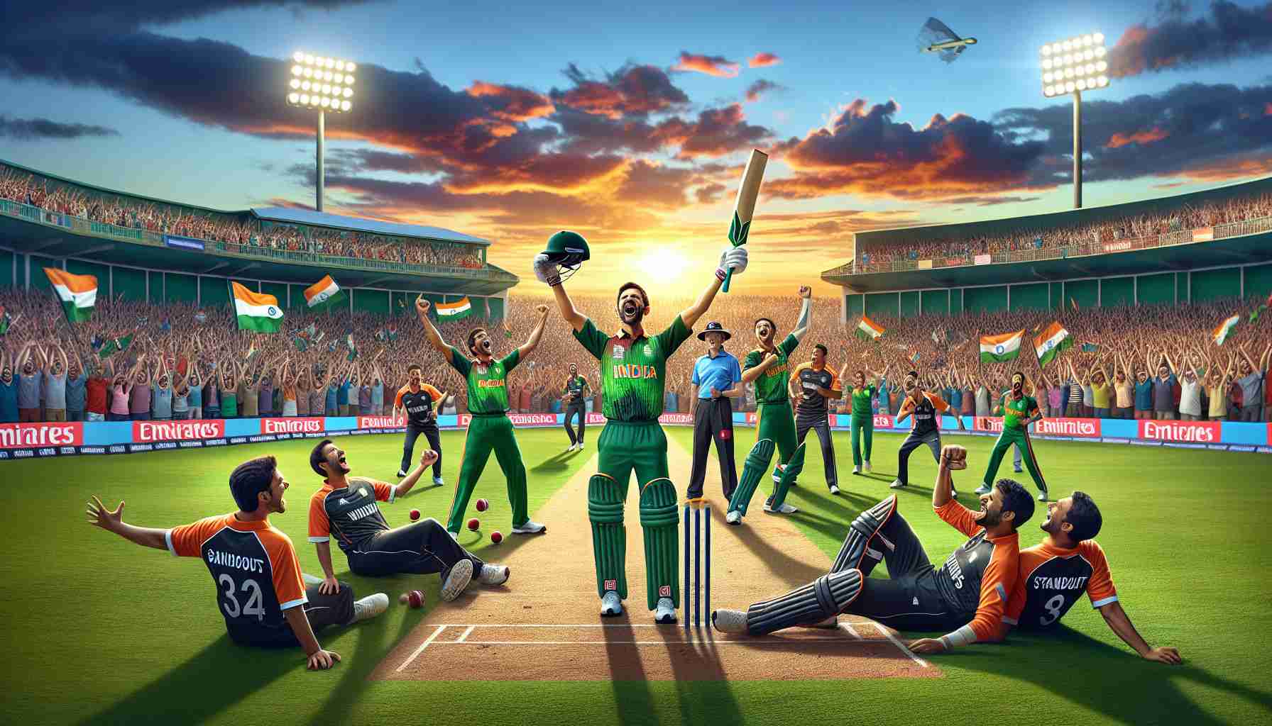 A hyper-realistic, high-definition image showcasing a cricket match scene denoting the triumph of one team over another. The victors, represented by their green and orange uniforms, are filled with joy and are celebrating their success. The other side, in black and white uniforms, appear dejected after their defeat. Standout performances are indicated by three players from the winning side holding cricket balls and bats, symbolizing their exceptional performances, while glorious sunset paints the sky in the backdrop. The stadium is packed with a diverse crowd of fans, where men, women and children of various ethnicity and ages can be seen cheering.