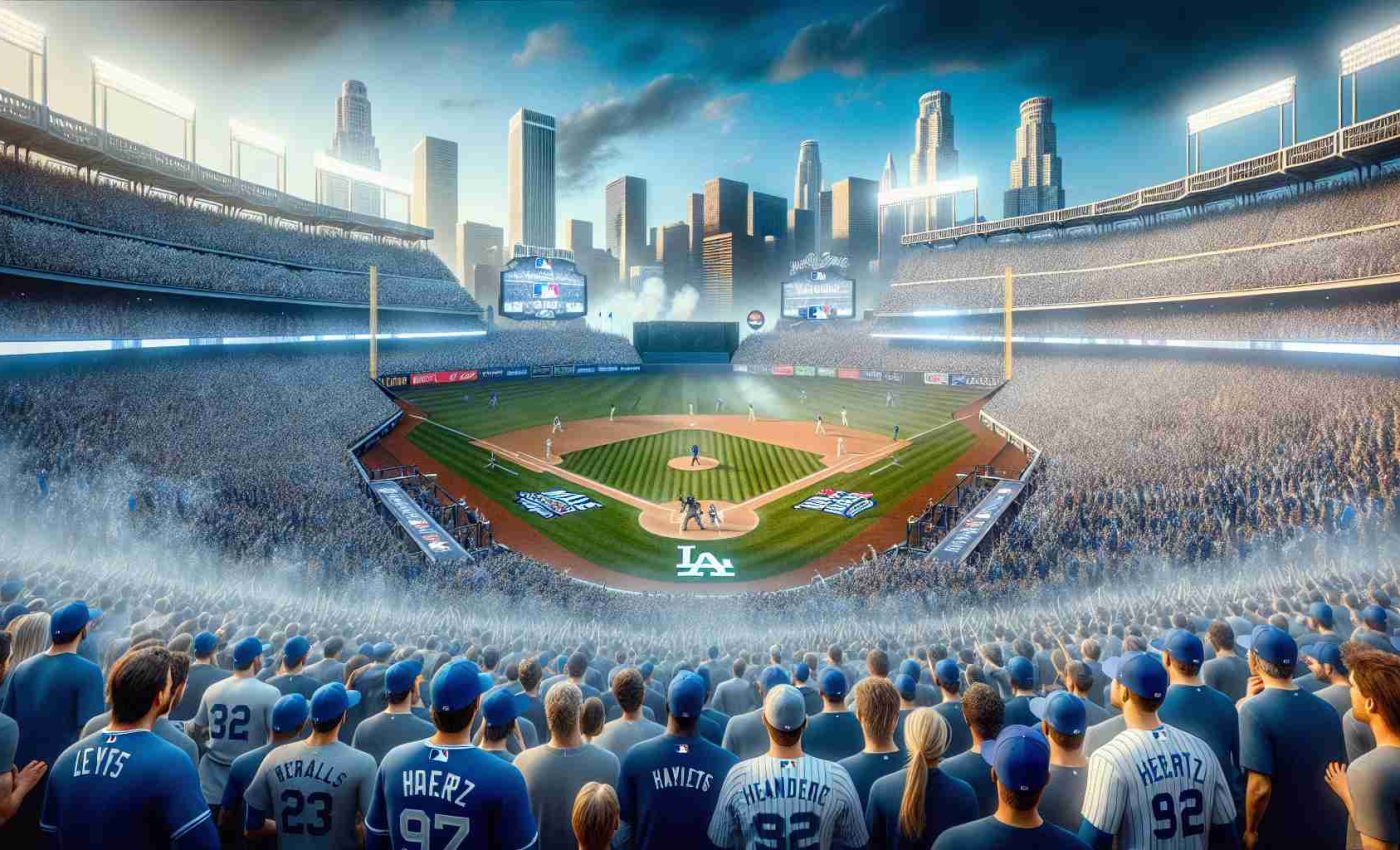 Generate a realistic, high-definition image of a hypothetical 2024 World Series showdown in a stadium packed with fans. The teams are from Los Angeles and New York, known for their sky blue and navy blue jerseys respectively. The atmosphere is buzzing with anticipation as both teams prepare to face off in this pinnacle of professional baseball.