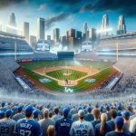 Generate a realistic, high-definition image of a hypothetical 2024 World Series showdown in a stadium packed with fans. The teams are from Los Angeles and New York, known for their sky blue and navy blue jerseys respectively. The atmosphere is buzzing with anticipation as both teams prepare to face off in this pinnacle of professional baseball.