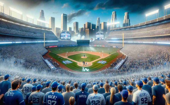 Generate a realistic, high-definition image of a hypothetical 2024 World Series showdown in a stadium packed with fans. The teams are from Los Angeles and New York, known for their sky blue and navy blue jerseys respectively. The atmosphere is buzzing with anticipation as both teams prepare to face off in this pinnacle of professional baseball.