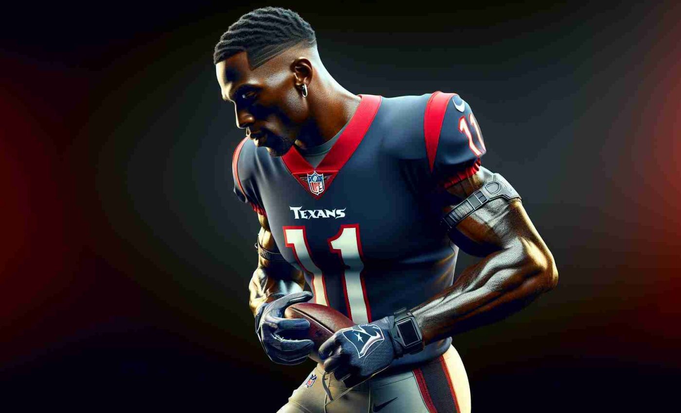 A realistic, high-definition image of a star wide receiver renowned for his remarkable comeback in the Texans' team. He is on track for his return and is seen gearing up, preparing himself for the upcoming games. He possesses a solid physique, showing the fitness expected of a high-level football player. The colors of his jersey reflect his team's identity without directly mentioning even the jersey number.