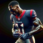 A realistic, high-definition image of a star wide receiver renowned for his remarkable comeback in the Texans' team. He is on track for his return and is seen gearing up, preparing himself for the upcoming games. He possesses a solid physique, showing the fitness expected of a high-level football player. The colors of his jersey reflect his team's identity without directly mentioning even the jersey number.