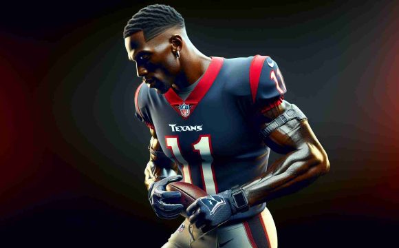 A realistic, high-definition image of a star wide receiver renowned for his remarkable comeback in the Texans' team. He is on track for his return and is seen gearing up, preparing himself for the upcoming games. He possesses a solid physique, showing the fitness expected of a high-level football player. The colors of his jersey reflect his team's identity without directly mentioning even the jersey number.