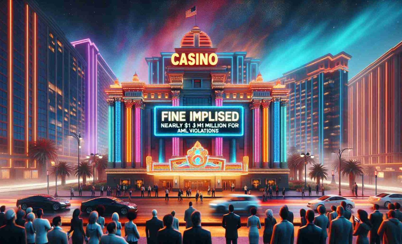 An HD photo realistic image representing a headline event. The focus is a Casino building in California. It is a grand structure, washed in bright, colorful neon lights. The ambiance is nervous as if a storm of controversy has just hit. Display a large digital banner on the front with the news 'Fine Imposed: Nearly $1 Million for AML Violations'. Also depict some people around appearing shocked and pensive at the news, showing diversity in terms of race and gender.