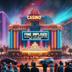 An HD photo realistic image representing a headline event. The focus is a Casino building in California. It is a grand structure, washed in bright, colorful neon lights. The ambiance is nervous as if a storm of controversy has just hit. Display a large digital banner on the front with the news 'Fine Imposed: Nearly $1 Million for AML Violations'. Also depict some people around appearing shocked and pensive at the news, showing diversity in terms of race and gender.