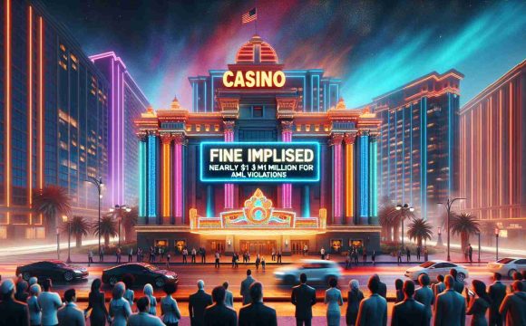 An HD photo realistic image representing a headline event. The focus is a Casino building in California. It is a grand structure, washed in bright, colorful neon lights. The ambiance is nervous as if a storm of controversy has just hit. Display a large digital banner on the front with the news 'Fine Imposed: Nearly $1 Million for AML Violations'. Also depict some people around appearing shocked and pensive at the news, showing diversity in terms of race and gender.