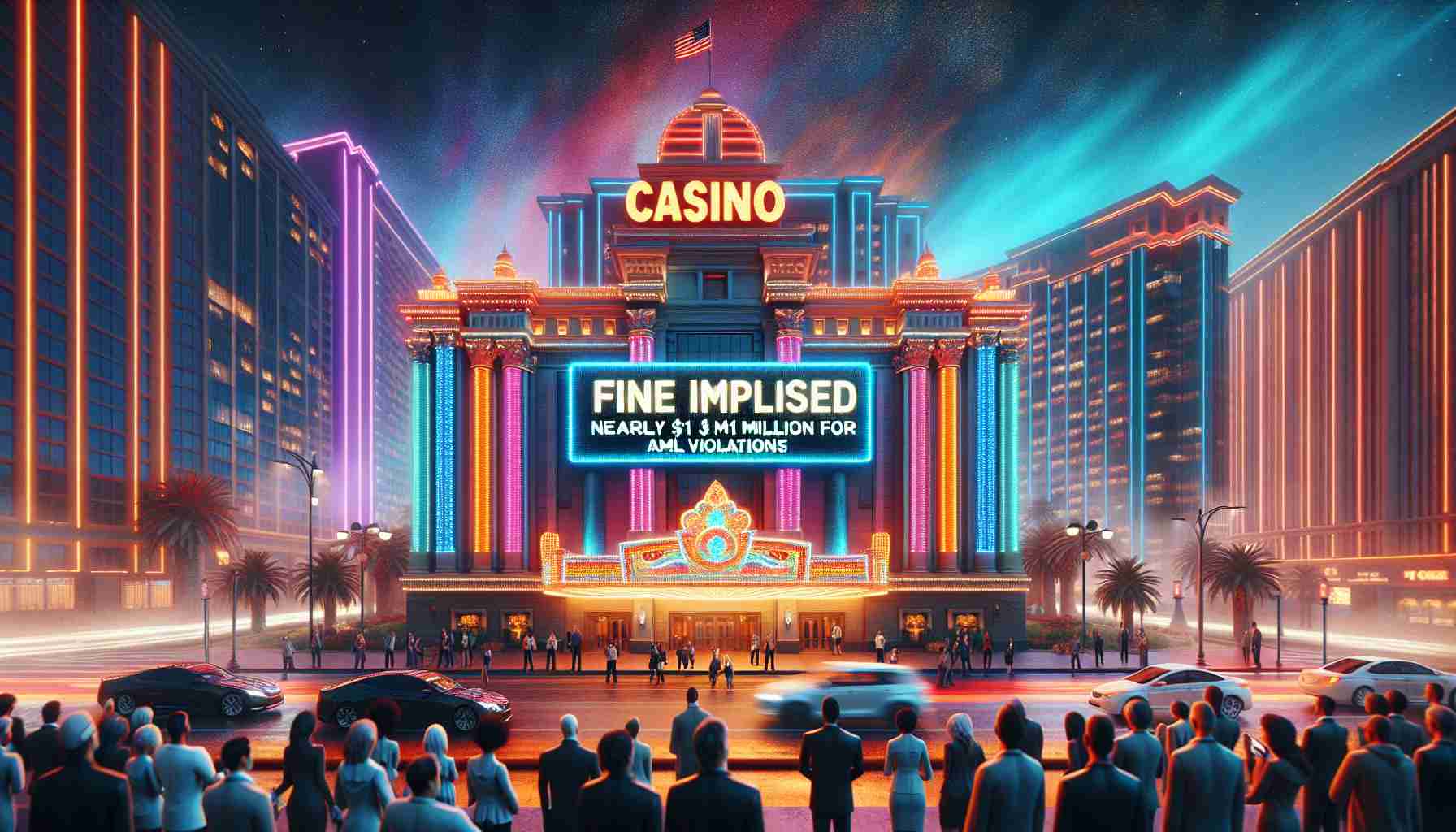 An HD photo realistic image representing a headline event. The focus is a Casino building in California. It is a grand structure, washed in bright, colorful neon lights. The ambiance is nervous as if a storm of controversy has just hit. Display a large digital banner on the front with the news 'Fine Imposed: Nearly $1 Million for AML Violations'. Also depict some people around appearing shocked and pensive at the news, showing diversity in terms of race and gender.