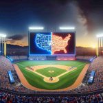 A highly realistic and HD image showing a baseball match that symbolizes a fierce competition known as the 'West Coast Showdown' in the world series. A scene where the stadium is filled with excited spectators under a brilliant sky at dusk. The big, elevated screen in the middle depicts a map dividing the East and West Coast, with each side represented by a baseball team.