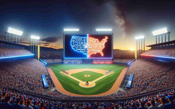 A highly realistic and HD image showing a baseball match that symbolizes a fierce competition known as the 'West Coast Showdown' in the world series. A scene where the stadium is filled with excited spectators under a brilliant sky at dusk. The big, elevated screen in the middle depicts a map dividing the East and West Coast, with each side represented by a baseball team.