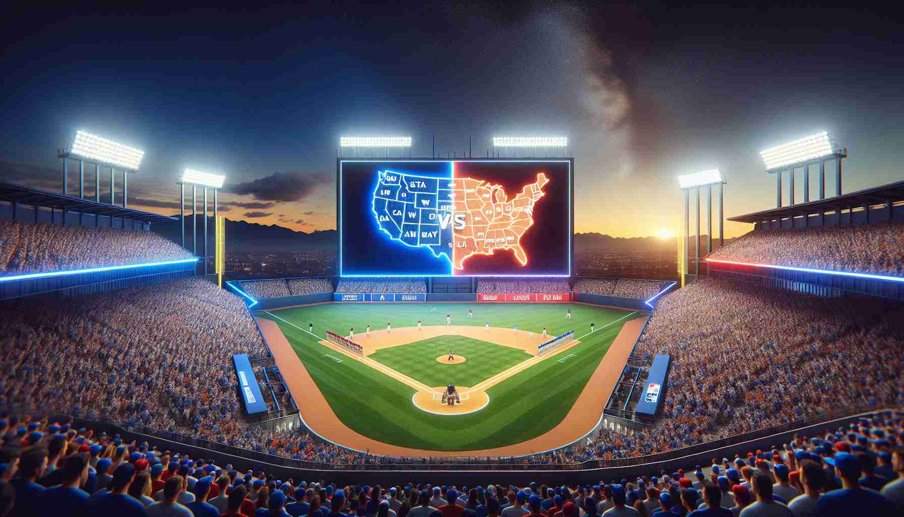 A highly realistic and HD image showing a baseball match that symbolizes a fierce competition known as the 'West Coast Showdown' in the world series. A scene where the stadium is filled with excited spectators under a brilliant sky at dusk. The big, elevated screen in the middle depicts a map dividing the East and West Coast, with each side represented by a baseball team.