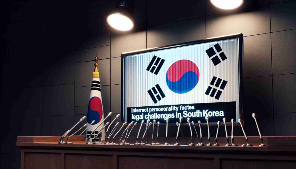 A hyper-realistic illustration of a high-definition news headline reading 'Internet Personality Faces Legal Challenges in South Korea' with a South Korean flag in the background. The headline is illuminated by a spotlight, suggesting major public attention, and the design of the text gives it a stern tone. The background should be subtly faded out with a hint of courtroom iconography.