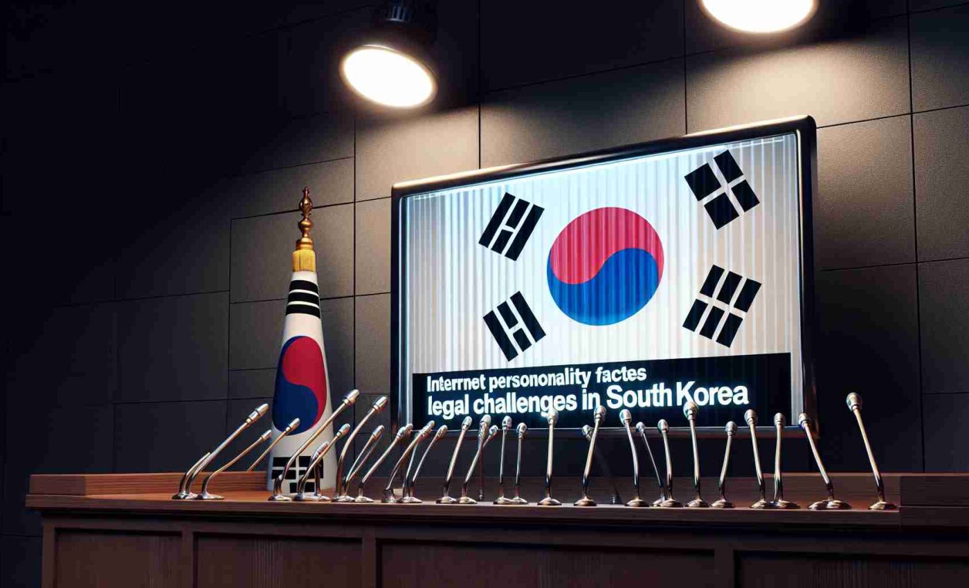 A hyper-realistic illustration of a high-definition news headline reading 'Internet Personality Faces Legal Challenges in South Korea' with a South Korean flag in the background. The headline is illuminated by a spotlight, suggesting major public attention, and the design of the text gives it a stern tone. The background should be subtly faded out with a hint of courtroom iconography.