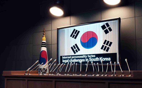 A hyper-realistic illustration of a high-definition news headline reading 'Internet Personality Faces Legal Challenges in South Korea' with a South Korean flag in the background. The headline is illuminated by a spotlight, suggesting major public attention, and the design of the text gives it a stern tone. The background should be subtly faded out with a hint of courtroom iconography.