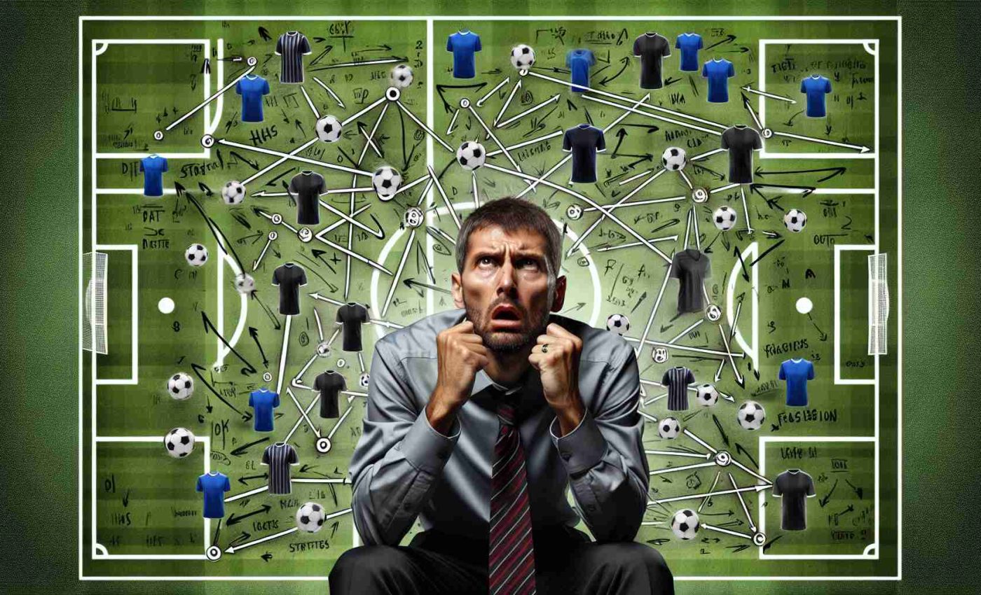 Generate a realistic high definition image that depicts an anxious football manager surrounded by various strategies, tactics, and formations as he faces a challenging decision in the midfield ahead of a crucial match.